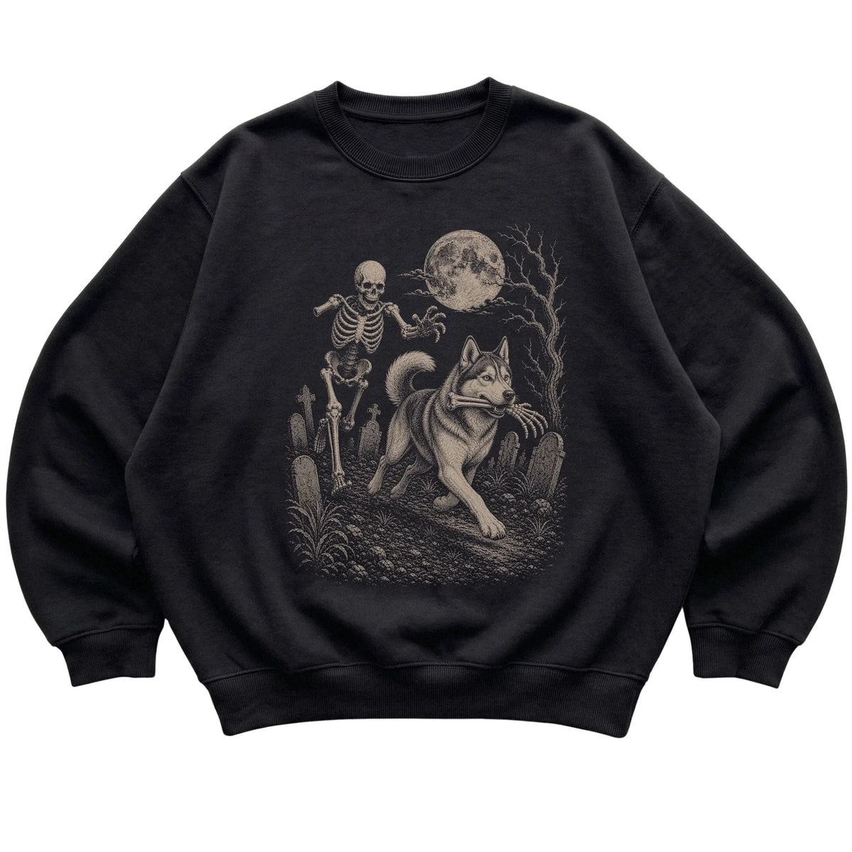 Black Skeleton Chase Husky sweatshirt, flat view
