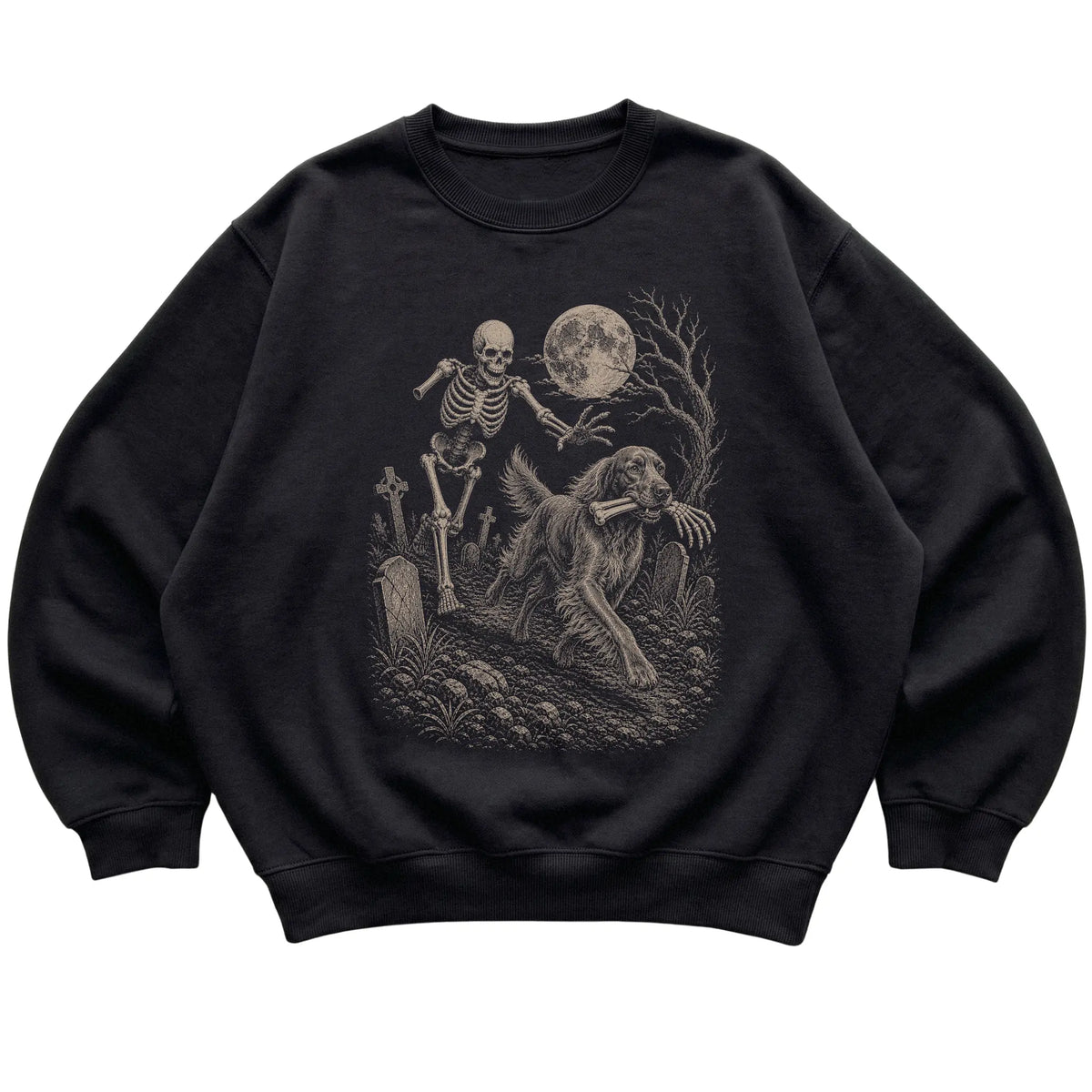 Black Skeleton Chase Irish Setter sweatshirt, flat view