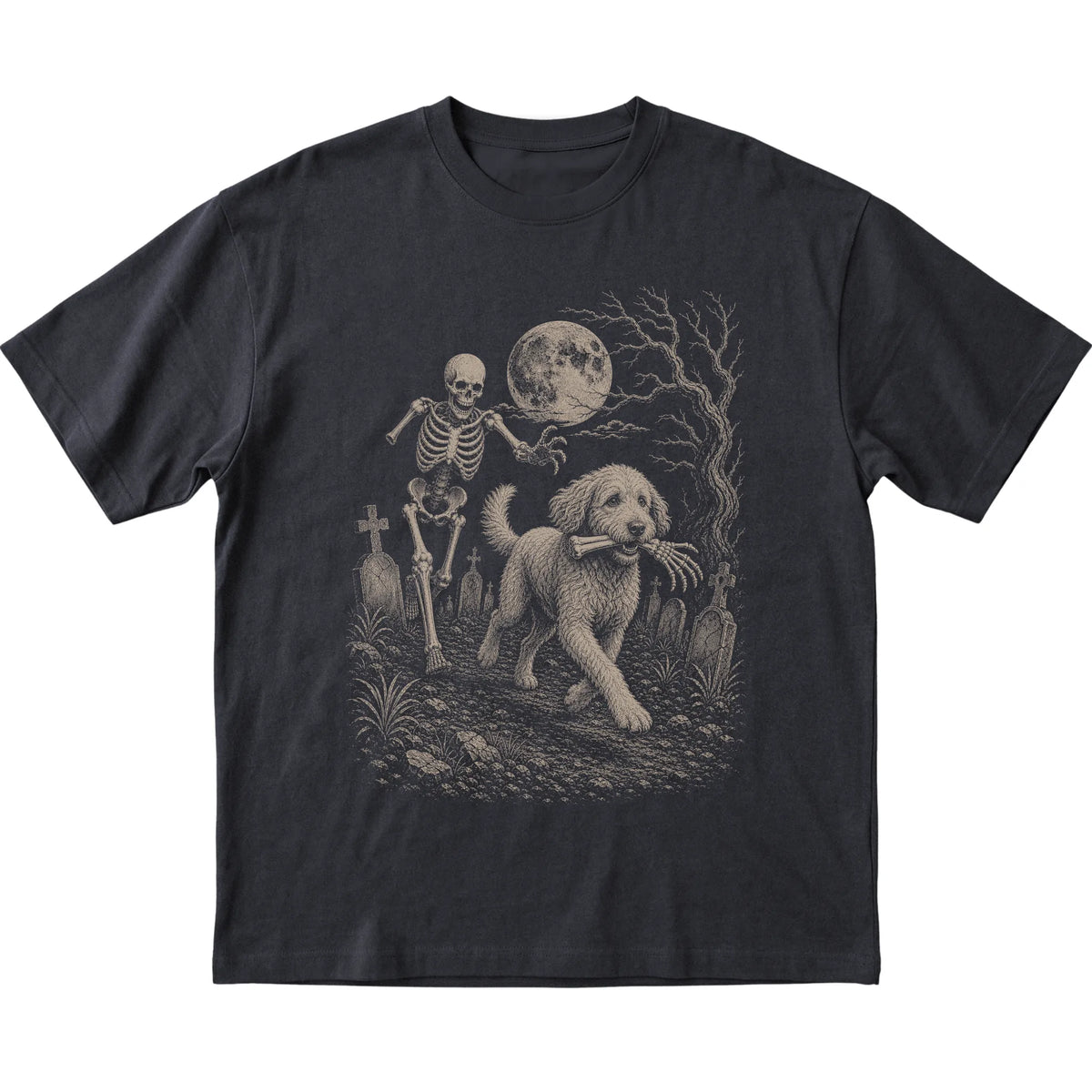 Black Skeleton Chase Labradoodle T-shirt, flat view