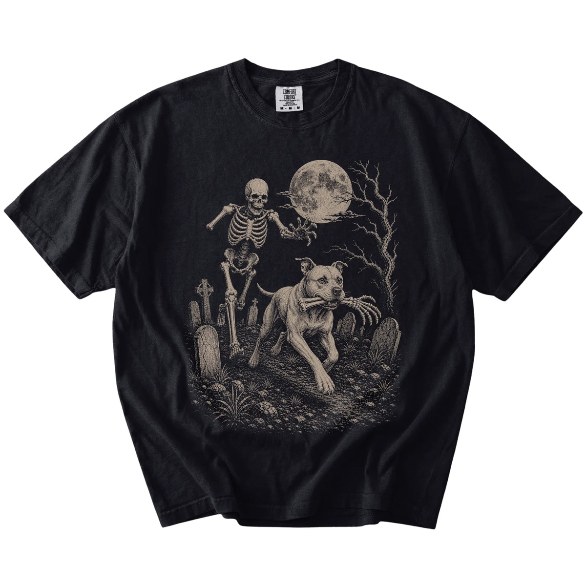 Pitbull running from a skeleton on a Black Comfort Colors® T-shirt