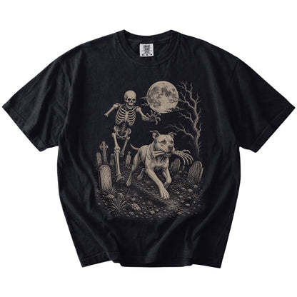 Pitbull running from a skeleton on a Black Comfort Colors® T-shirt