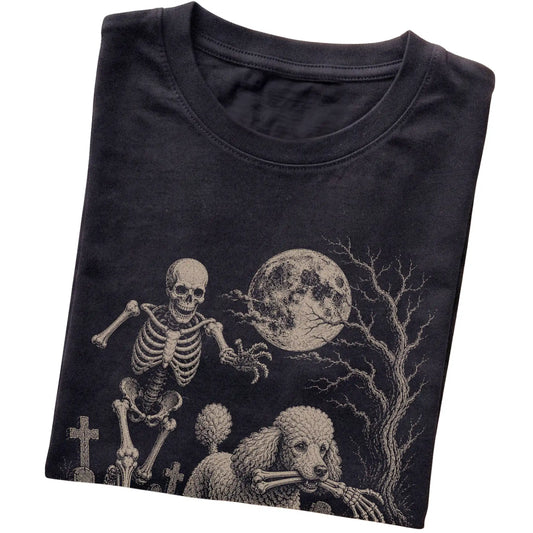 Black Skeleton Chase Poodle T-shirt, folded view
