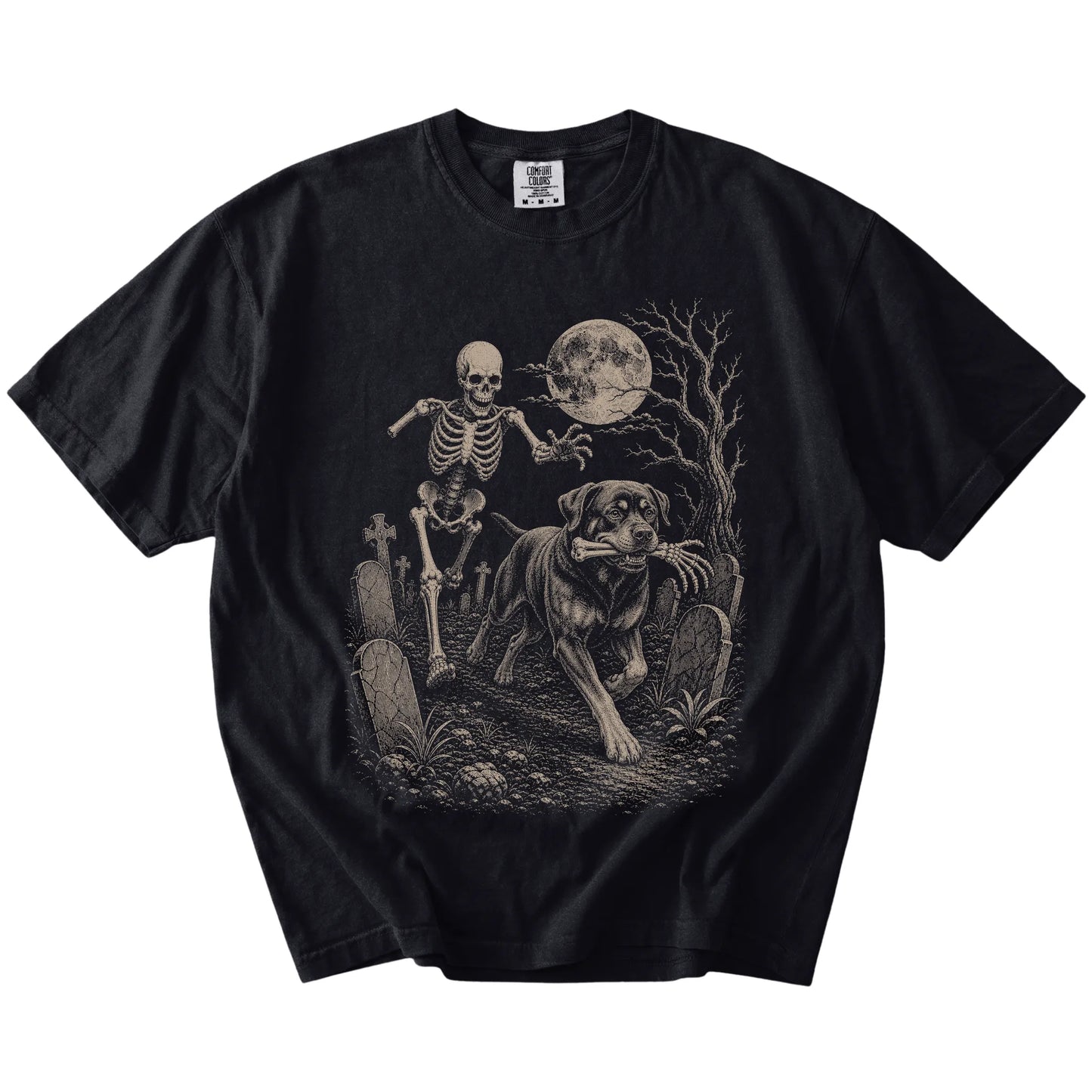 Rottweiler running from a skeleton on a Black Comfort Colors® T-shirt
