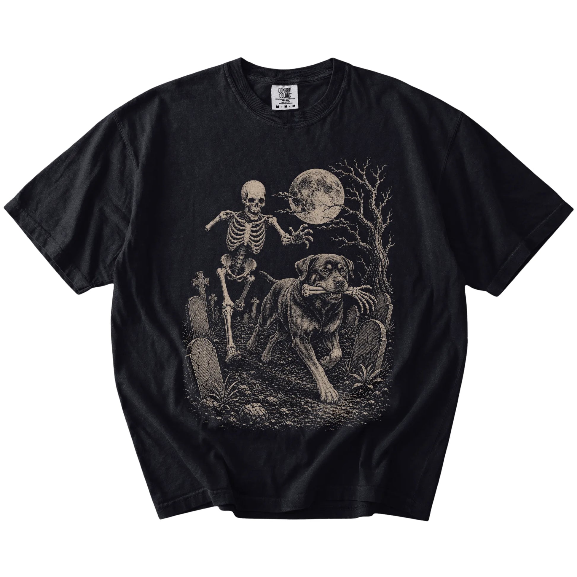 Rottweiler running from a skeleton on a Black Comfort Colors® T-shirt