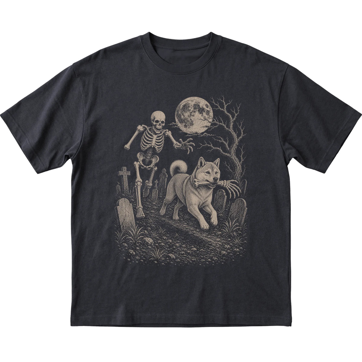 Black Skeleton Chase Shiba Inu T-shirt, flat view
