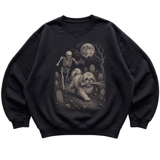 Black Skeleton Chase Shih Tzu sweatshirt, flat view