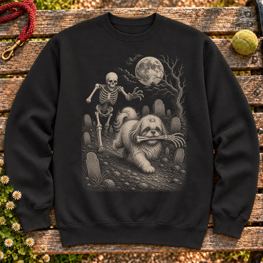 Shih Tzu Skeleton Chase on a Black crewneck sweatshirt, shown flat