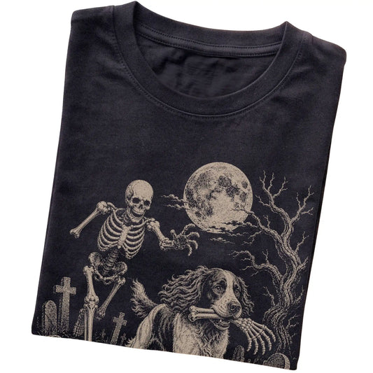 Black Skeleton Chase Springer Spaniel T-shirt, folded view