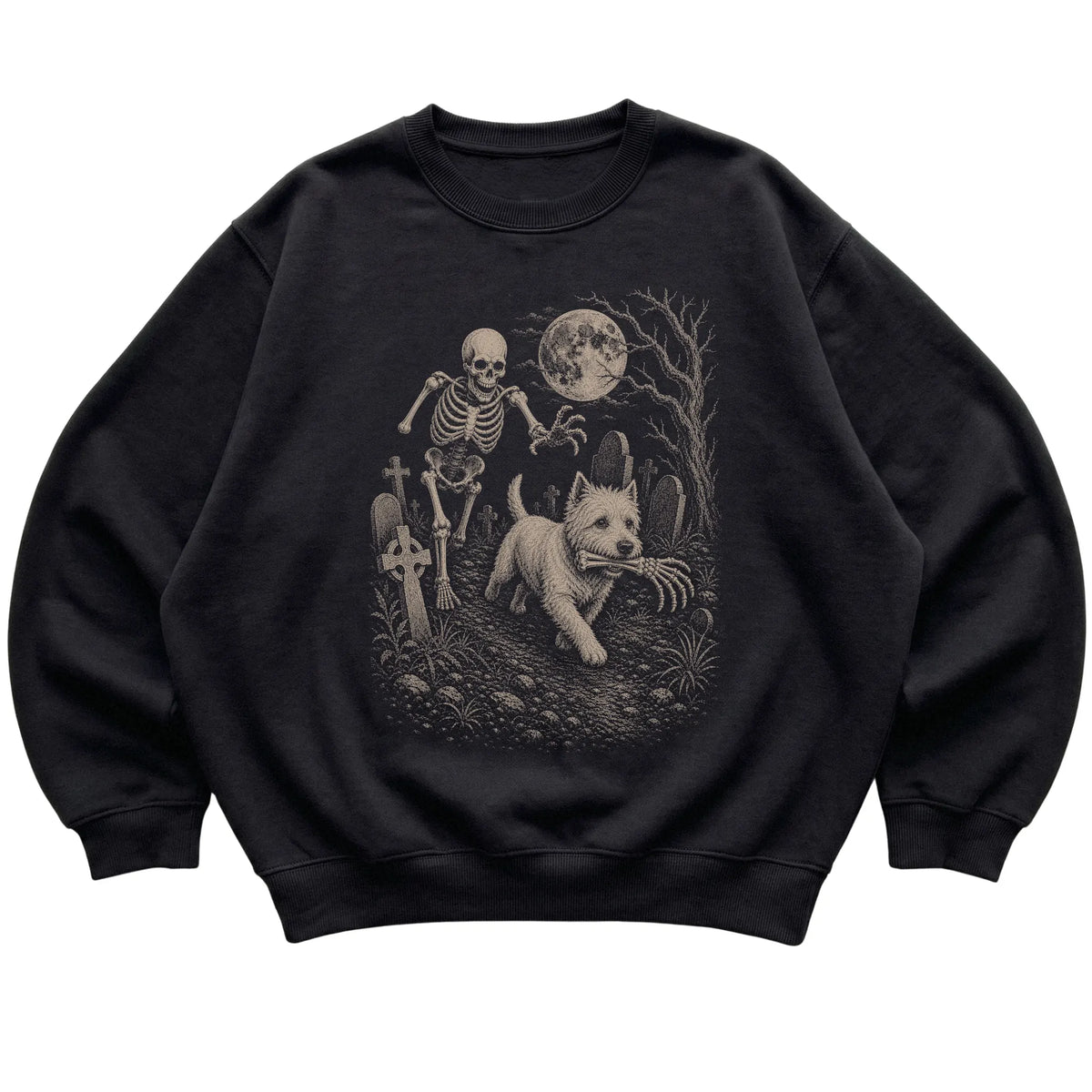 Black Skeleton Chase Westie sweatshirt, flat view