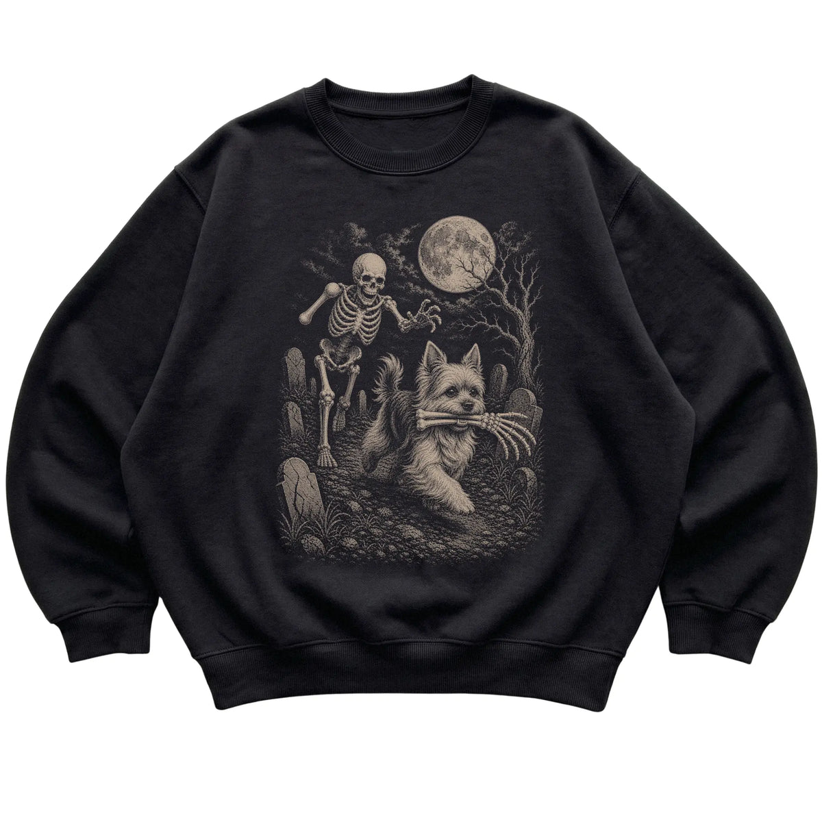 Black Skeleton Chase Yorkie sweatshirt, flat view