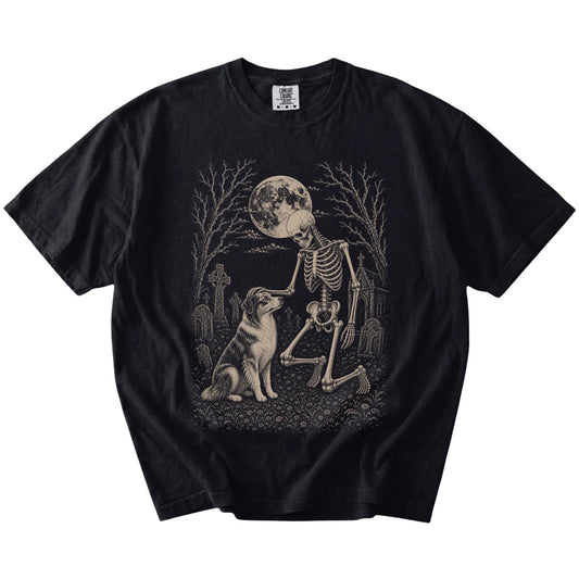Australian Shepherd sharing a quiet cemetery moment with a friendly skeleton on a Black Comfort Colors® T-shirt