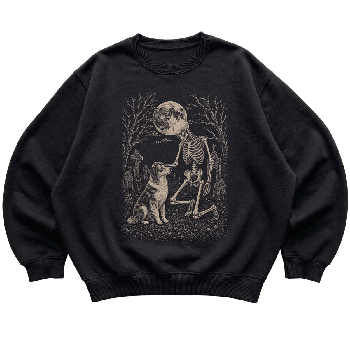 Skeleton petting an Australian Shepherd in a graveyard on a Black sweatshirt