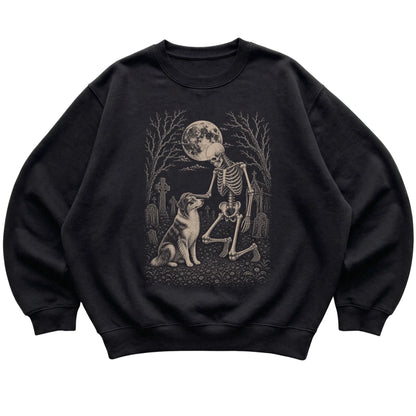 Skeleton petting an Australian Shepherd in a graveyard on a Black sweatshirt