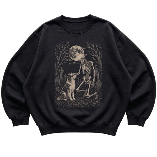 Skeleton petting an Australian Shepherd in a graveyard on a Black sweatshirt