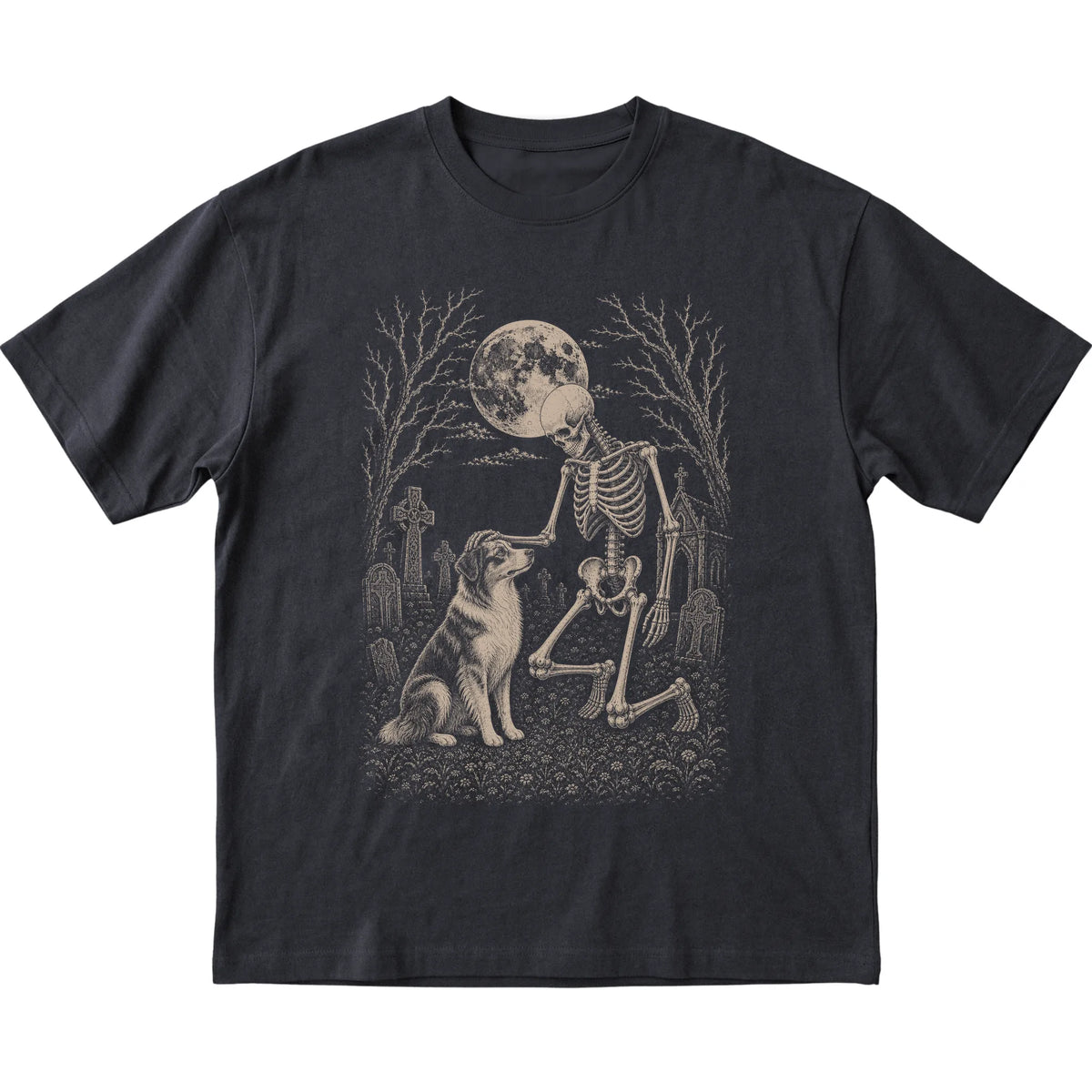Skeleton petting an Australian Shepherd in a graveyard on a Black T-shirt