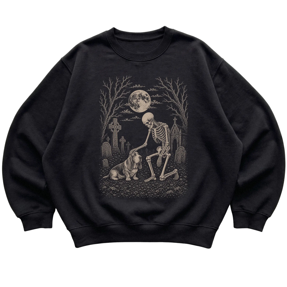 Skeleton petting a Basset Hound in a graveyard on a Black sweatshirt