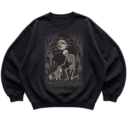 Skeleton petting a Basset Hound in a graveyard on a Black sweatshirt