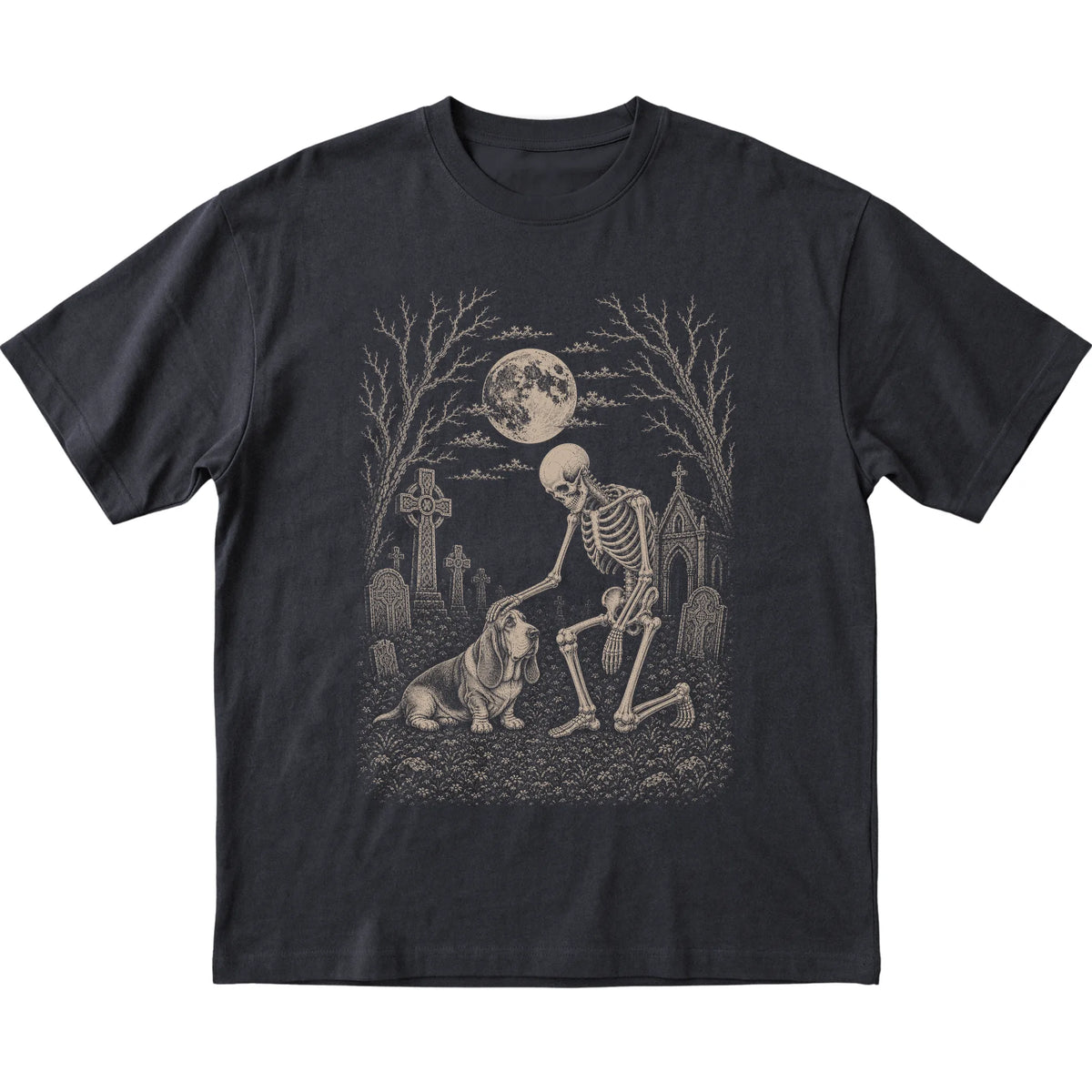 Skeleton petting a Basset Hound in a graveyard on a Black T-shirt