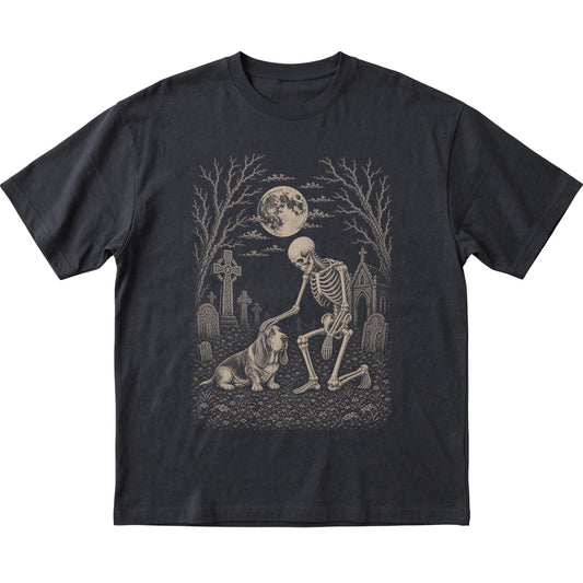 Skeleton petting a Basset Hound in a graveyard on a Black T-shirt