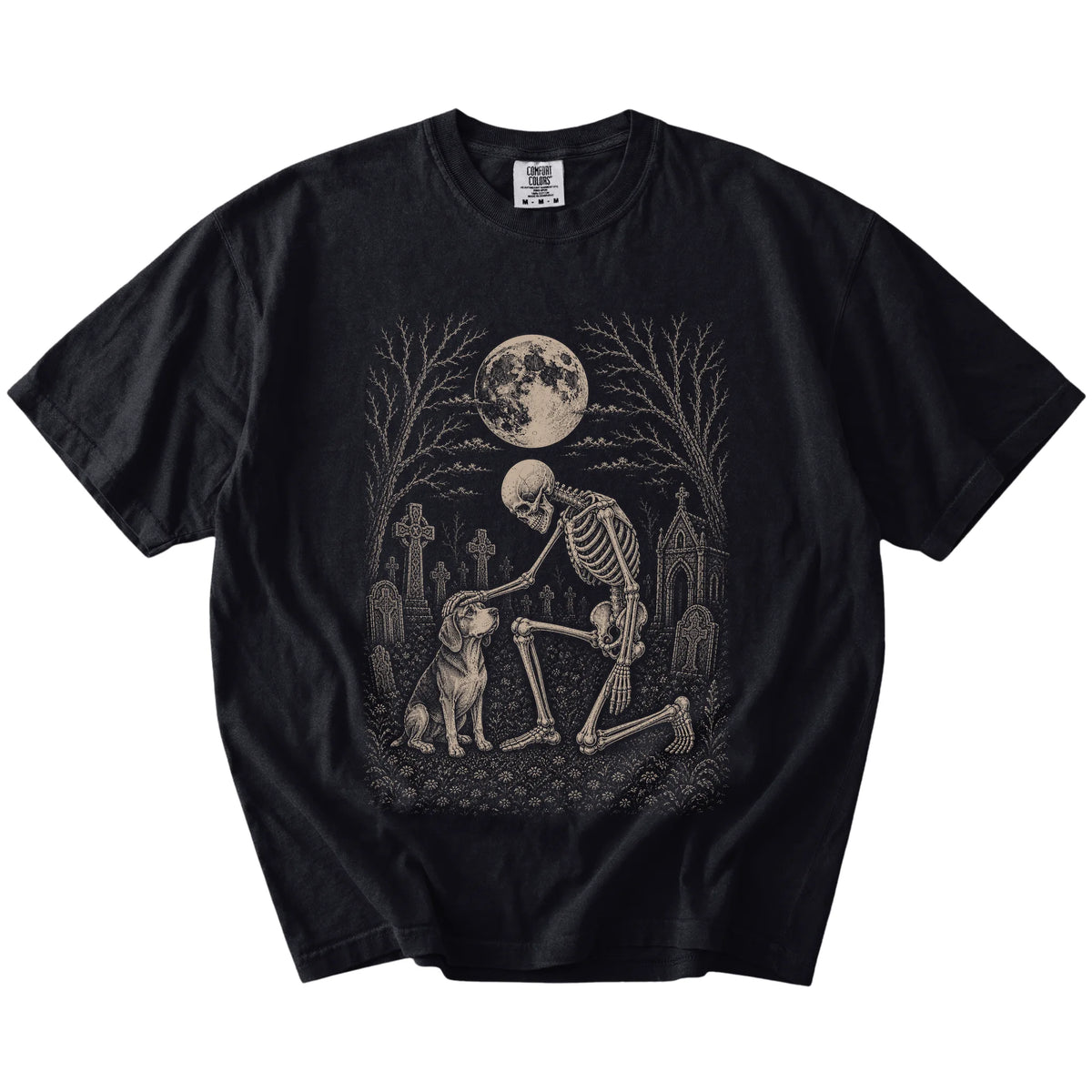 Beagle sharing a quiet cemetery moment with a friendly skeleton on a Black Comfort Colors® T-shirt