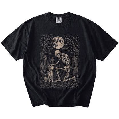 Beagle sharing a quiet cemetery moment with a friendly skeleton on a Black Comfort Colors® T-shirt