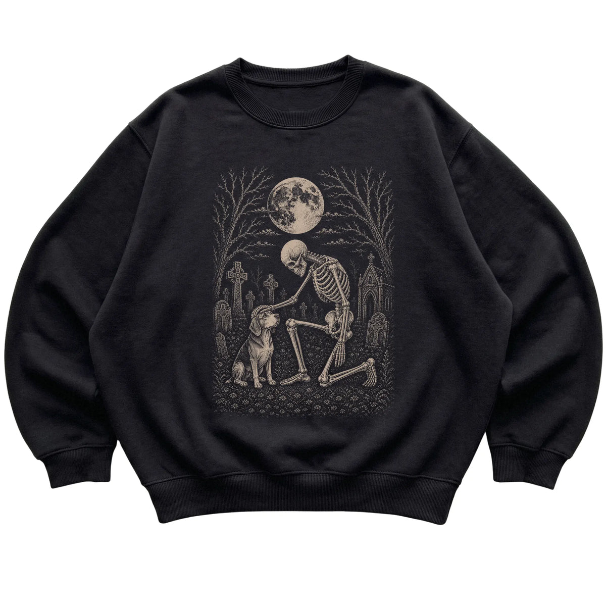 Skeleton petting a Beagle in a graveyard on a Black sweatshirt
