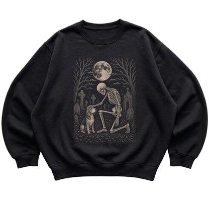 Skeleton petting a Beagle in a graveyard on a Black sweatshirt