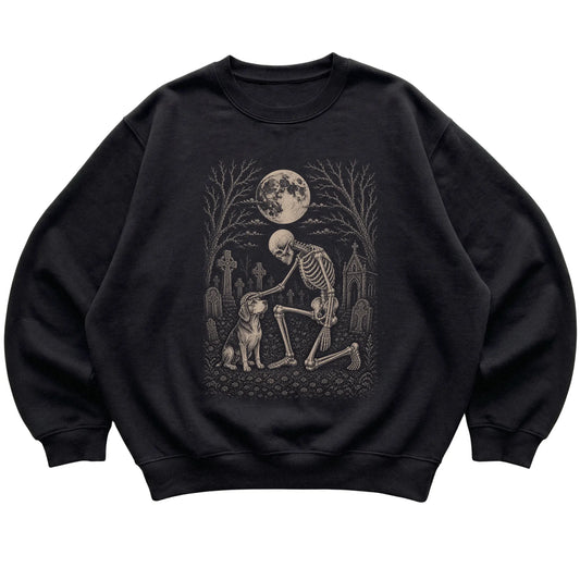 Skeleton petting a Beagle in a graveyard on a Black sweatshirt