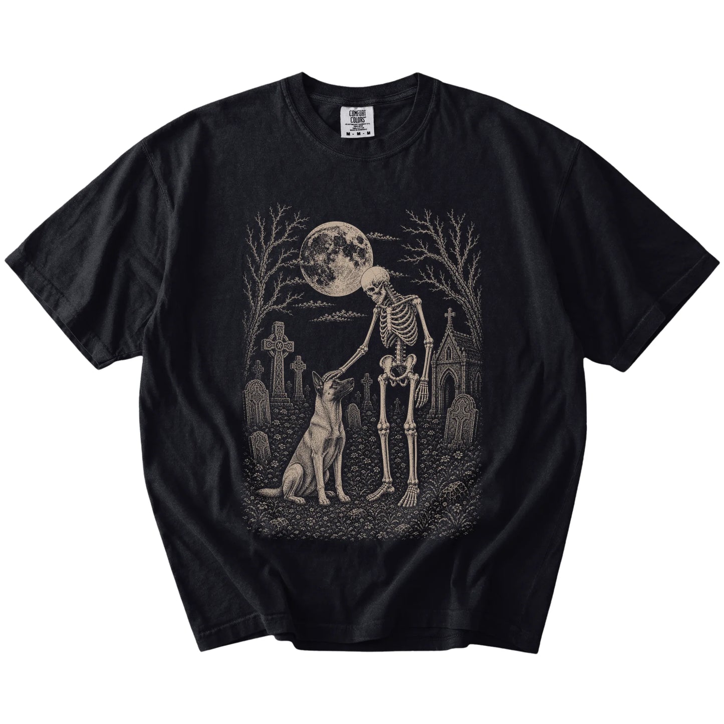 Belgian Malinois sharing a quiet cemetery moment with a friendly skeleton on a Black Comfort Colors® T-shirt