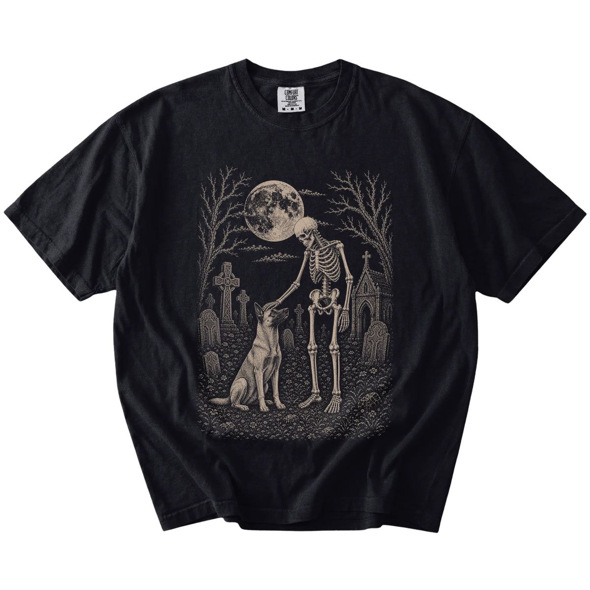 Belgian Malinois sharing a quiet cemetery moment with a friendly skeleton on a Black Comfort Colors® T-shirt