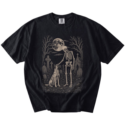 Belgian Malinois sharing a quiet cemetery moment with a friendly skeleton on a Black Comfort Colors® T-shirt