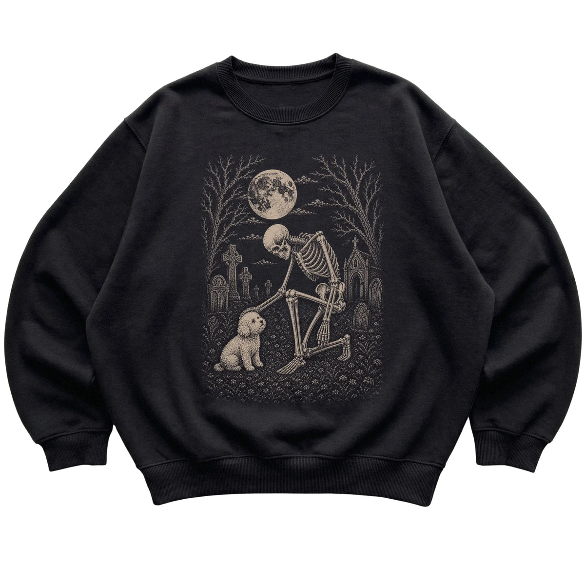 Skeleton petting a Bichon Frise in a graveyard on a Black sweatshirt