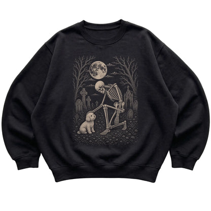 Skeleton petting a Bichon Frise in a graveyard on a Black sweatshirt