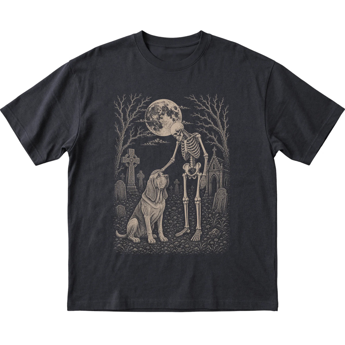 Skeleton petting a Bloodhound in a graveyard on a Black T-shirt