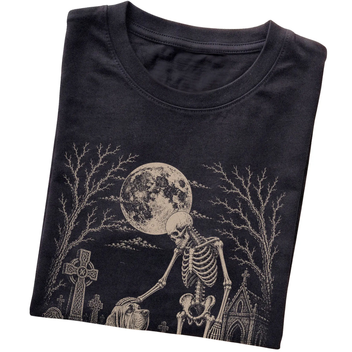 Folded Black T-shirt with a skeleton petting a Bloodhound in a graveyard