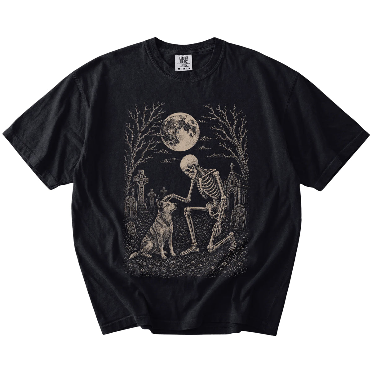 Blue Heeler sharing a quiet cemetery moment with a friendly skeleton on a Black Comfort Colors® T-shirt