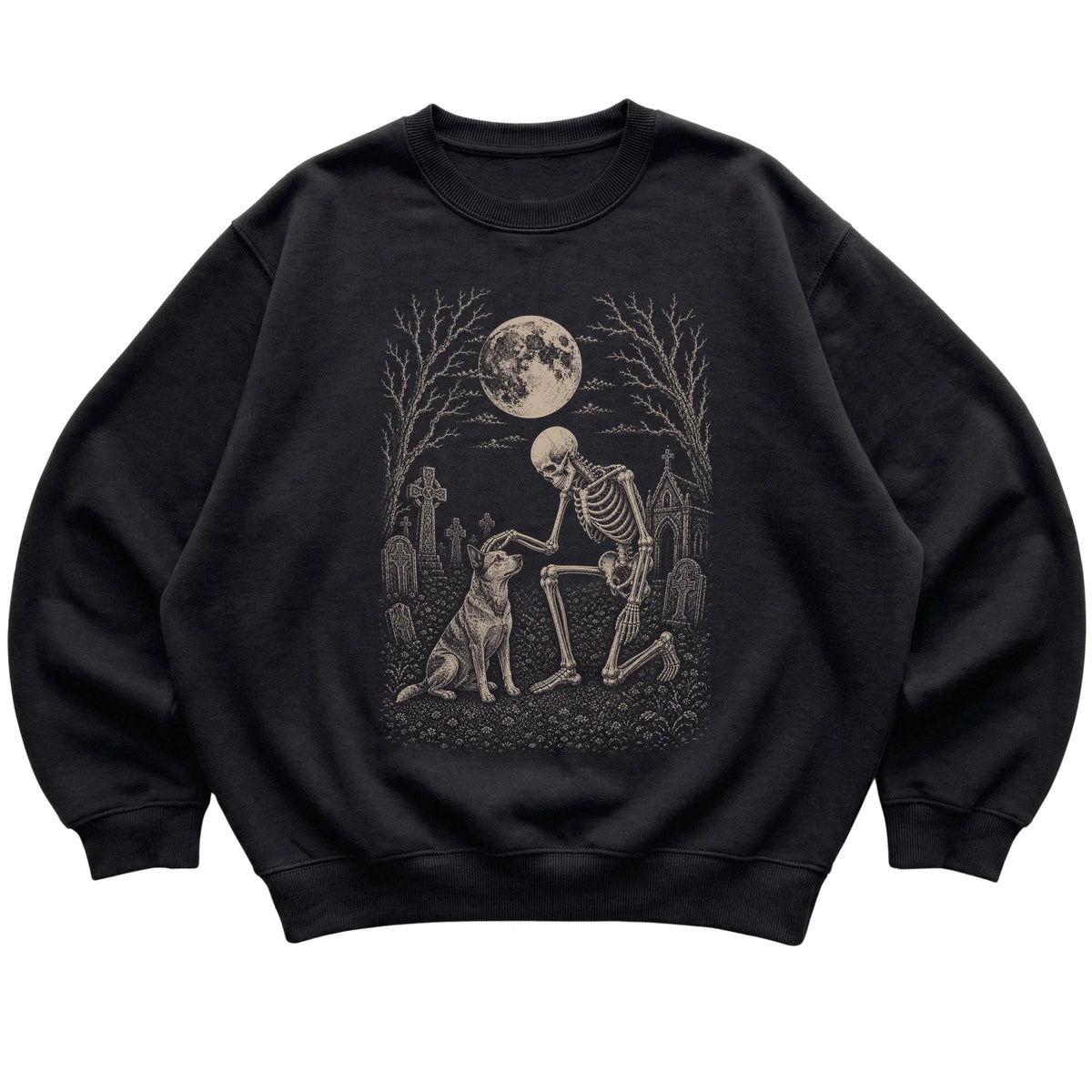Skeleton petting a Blue Heeler in a graveyard on a Black sweatshirt
