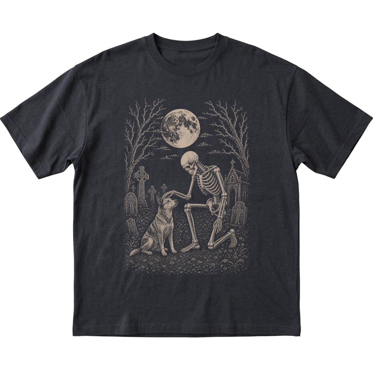 Skeleton petting a Blue Heeler in a graveyard on a Black T-shirt