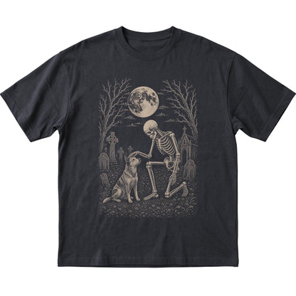 Skeleton petting a Blue Heeler in a graveyard on a Black T-shirt