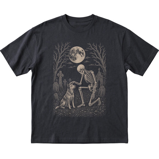 Skeleton petting a Blue Heeler in a graveyard on a Black T-shirt