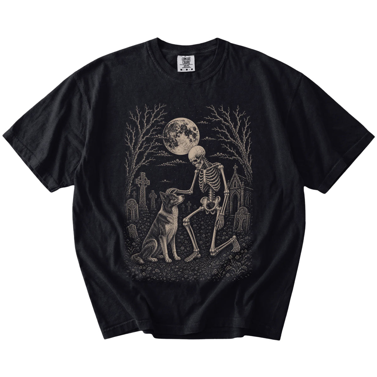 Border Collie sharing a quiet cemetery moment with a friendly skeleton on a Black Comfort Colors® T-shirt