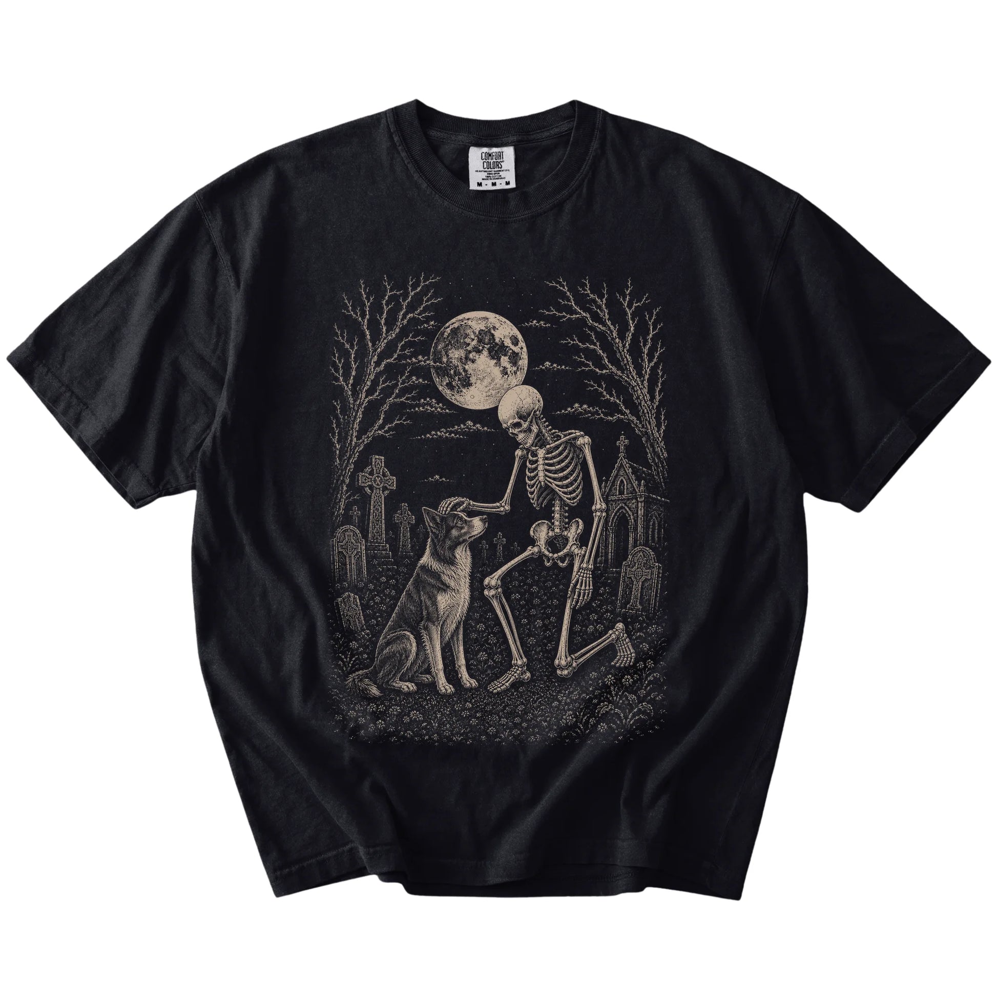 Border Collie sharing a quiet cemetery moment with a friendly skeleton on a Black Comfort Colors® T-shirt