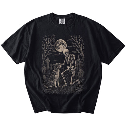 Border Collie sharing a quiet cemetery moment with a friendly skeleton on a Black Comfort Colors® T-shirt