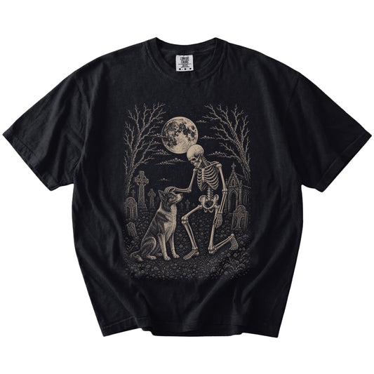 Border Collie sharing a quiet cemetery moment with a friendly skeleton on a Black Comfort Colors® T-shirt