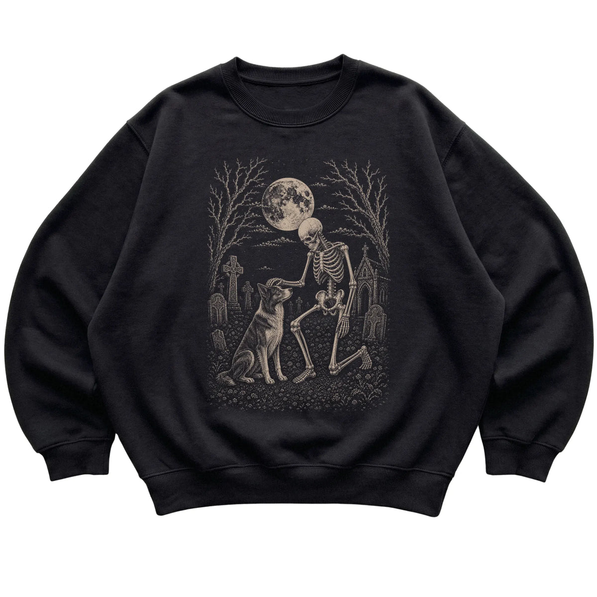 Skeleton petting a Border Collie in a graveyard on a Black sweatshirt
