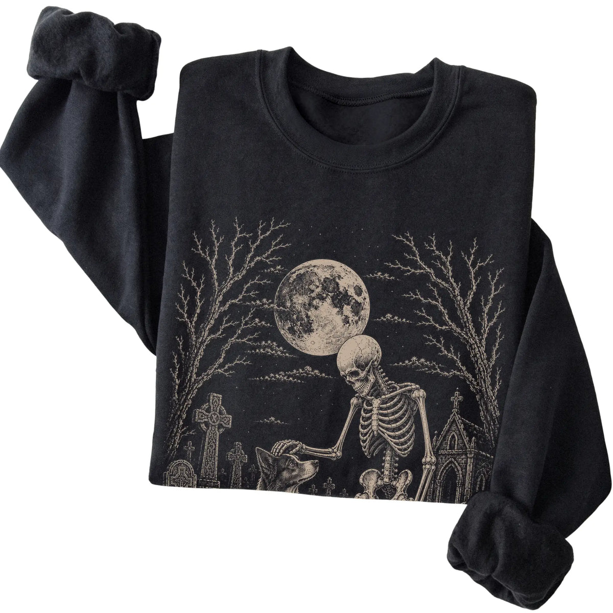 Folded Black sweatshirt with a skeleton petting a Border Collie in a graveyard