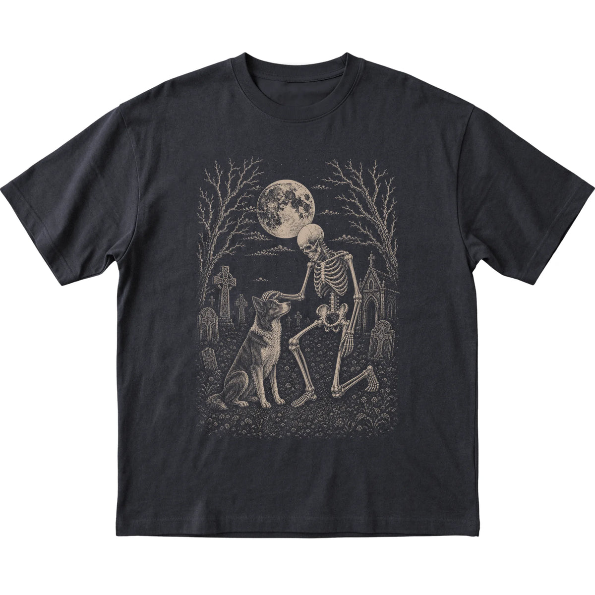Skeleton petting a Border Collie in a graveyard on a Black T-shirt
