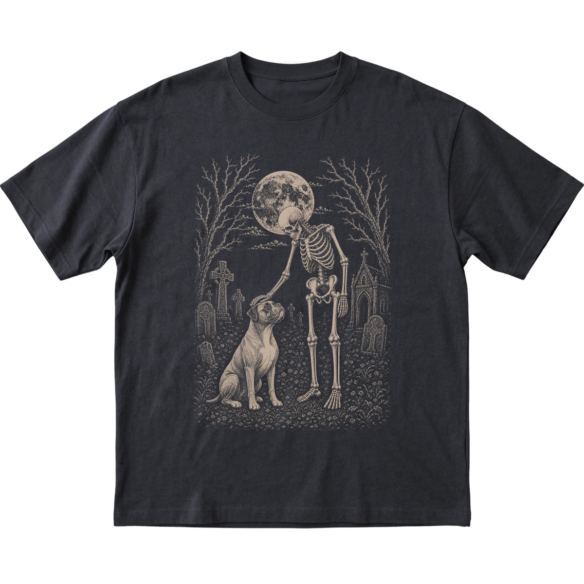 Skeleton petting a Boxer in a graveyard on a Black T-shirt