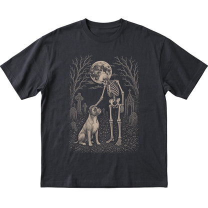 Skeleton petting a Boxer in a graveyard on a Black T-shirt