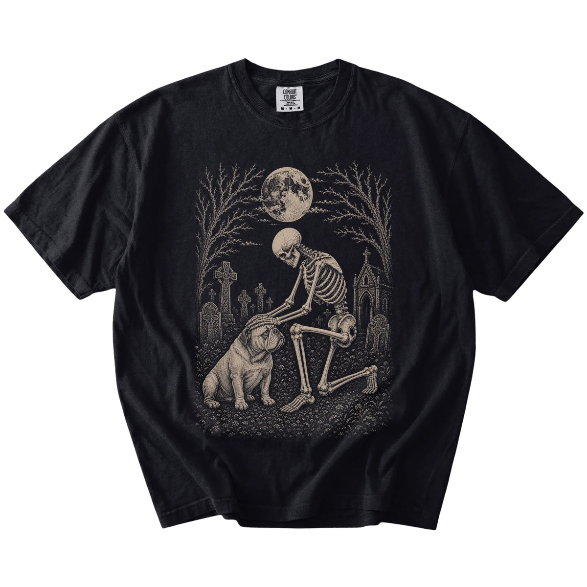 Bulldog sharing a quiet cemetery moment with a friendly skeleton on a Black Comfort Colors® T-shirt